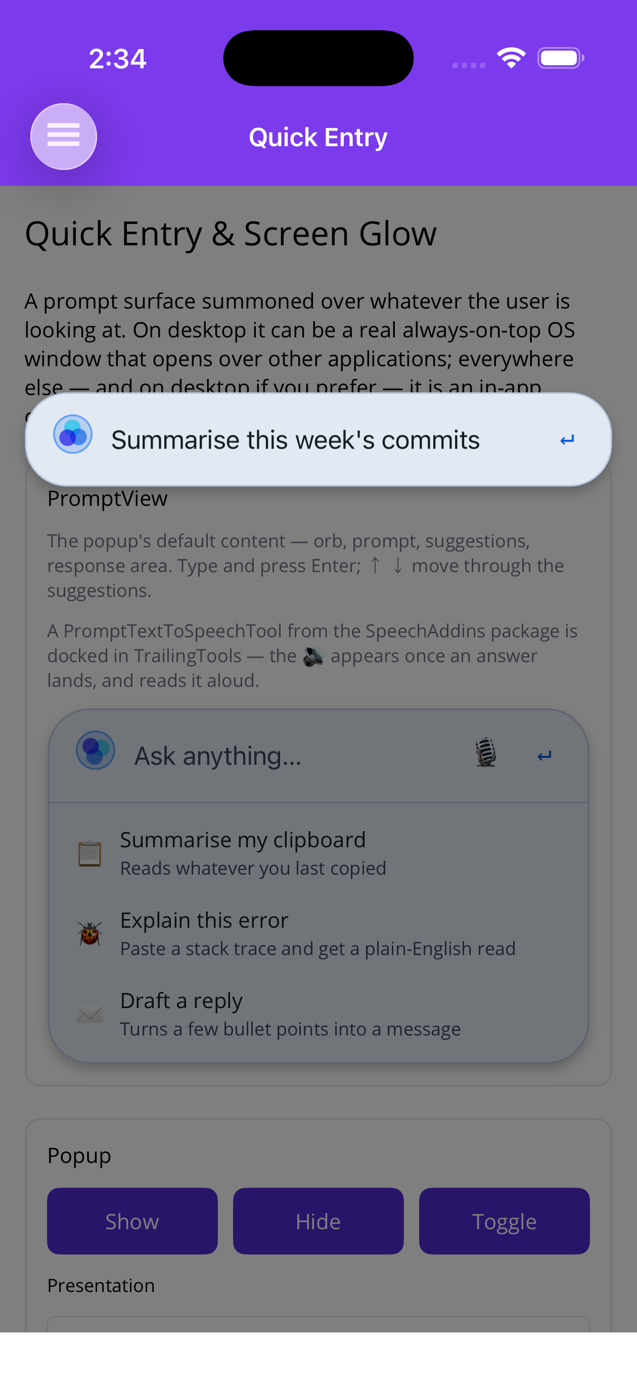 A prompt typed into the popup