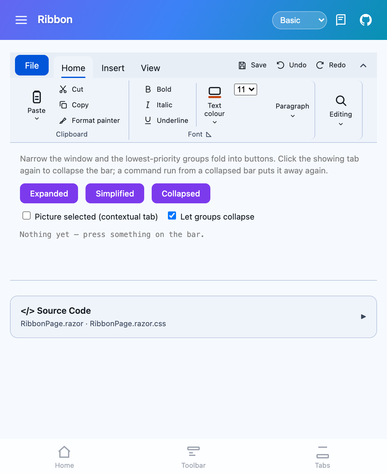The same bar in a narrow window with low-priority groups folded into buttons