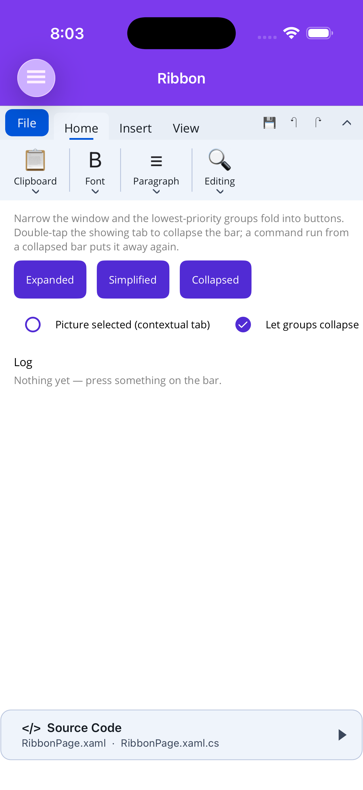 Every group collapsed to a single button on a phone-width window