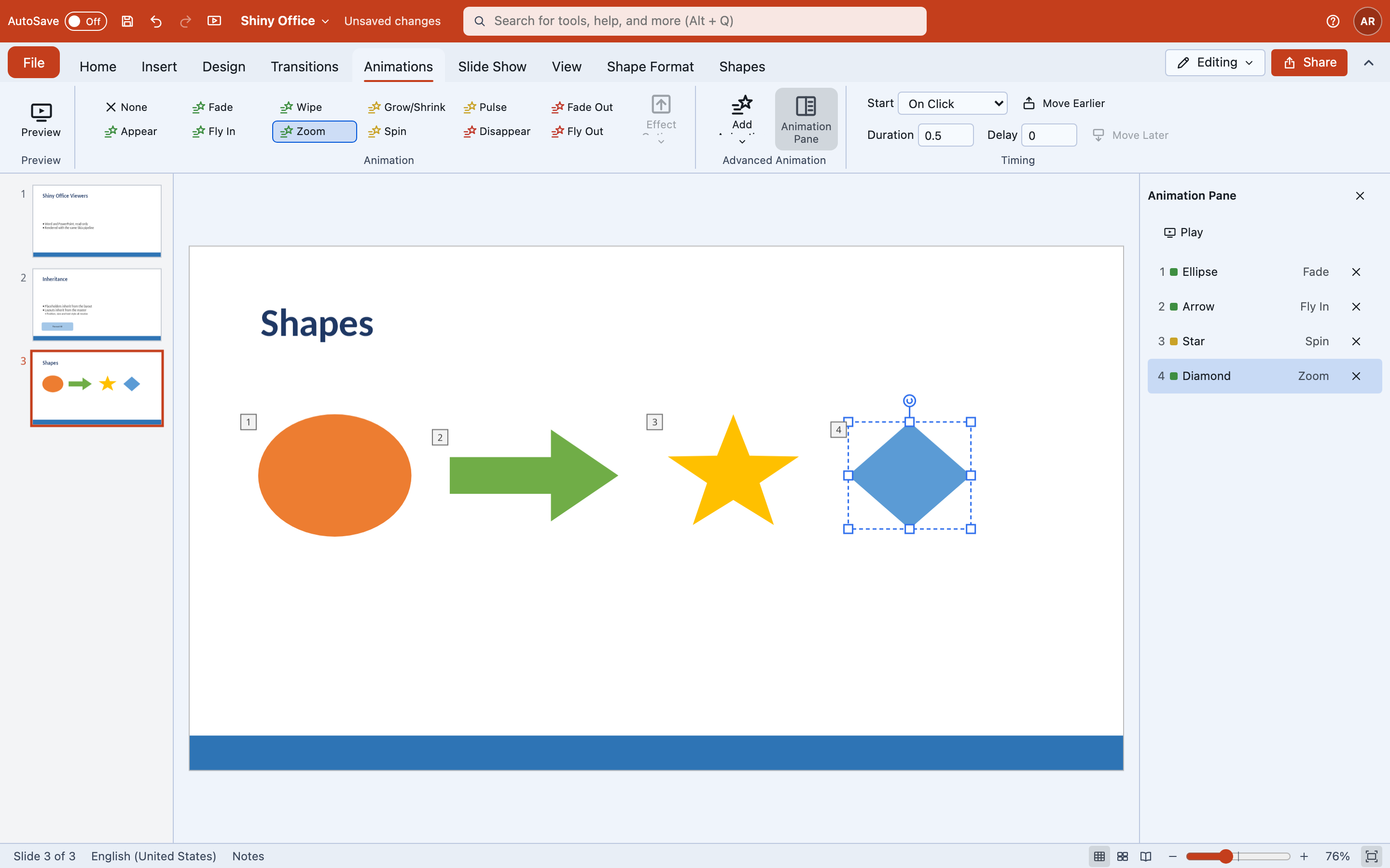 The Animations tab and Animation Pane on Blazor, with numbered effects on four shapes