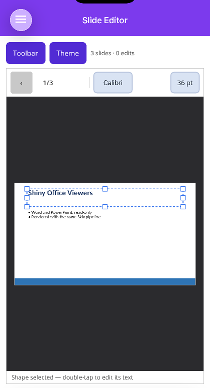 A shape selected on iOS, dashed frame with eight resize handles