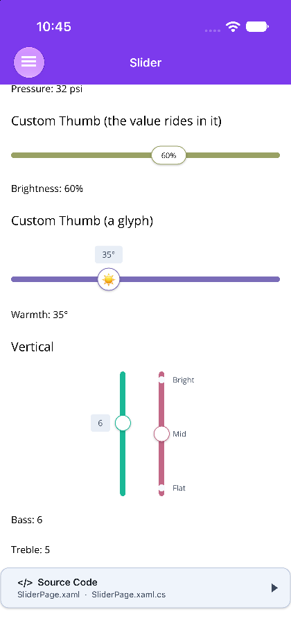 A glyph thumb and two vertical sliders, one with marks, on .NET MAUI