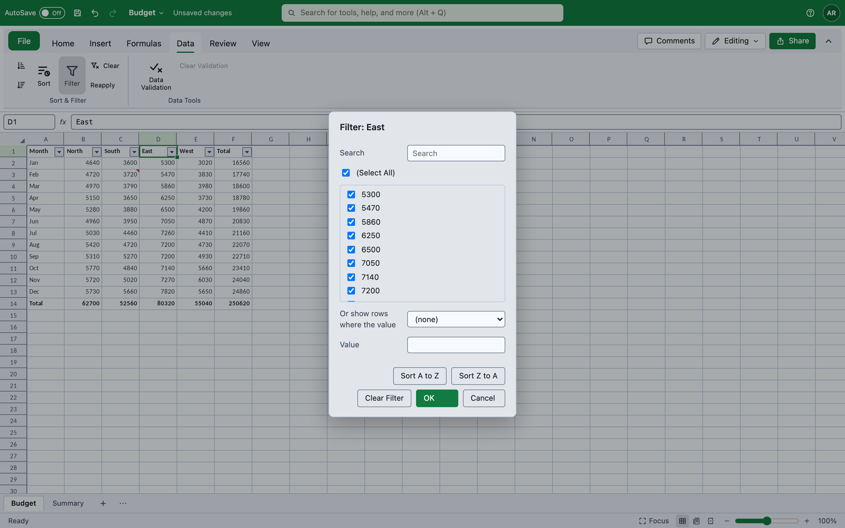 The AutoFilter dialog for a column on Blazor, with value checkboxes, a condition and sort buttons