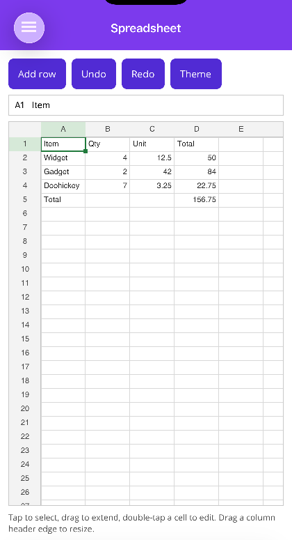 Spreadsheet on iOS, with the formula bar and a selected cell
