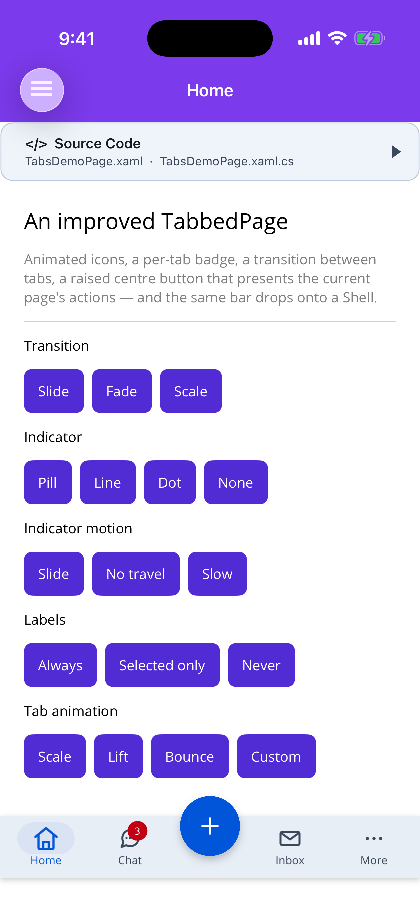 Five tabs with a badge and a raised centre button