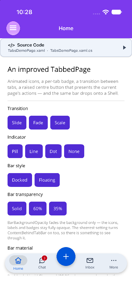The tab bar as a floating capsule over the page on .NET MAUI