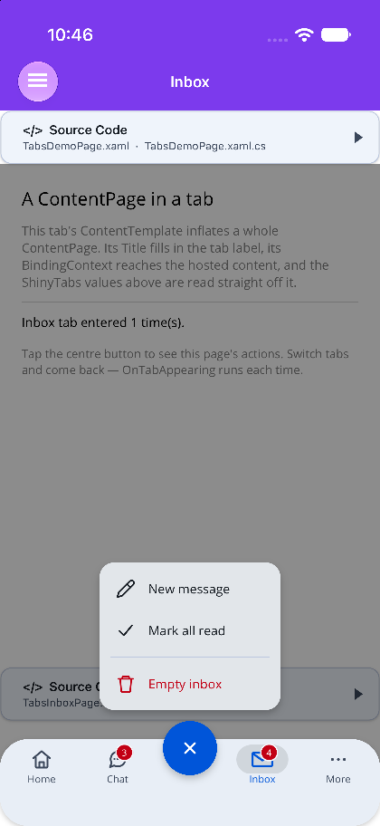 The raised centre button's menu listing the Inbox page's actions