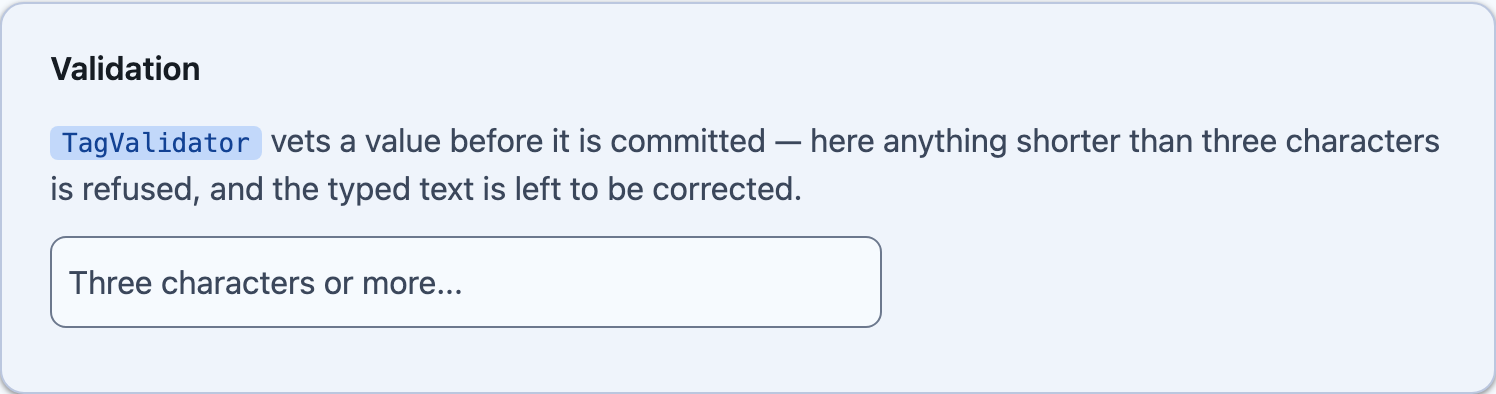 A tag refused by validation with its reason on Blazor