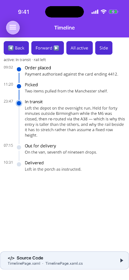 Timestamps opposite the rail, two nodes complete and the third current on iOS