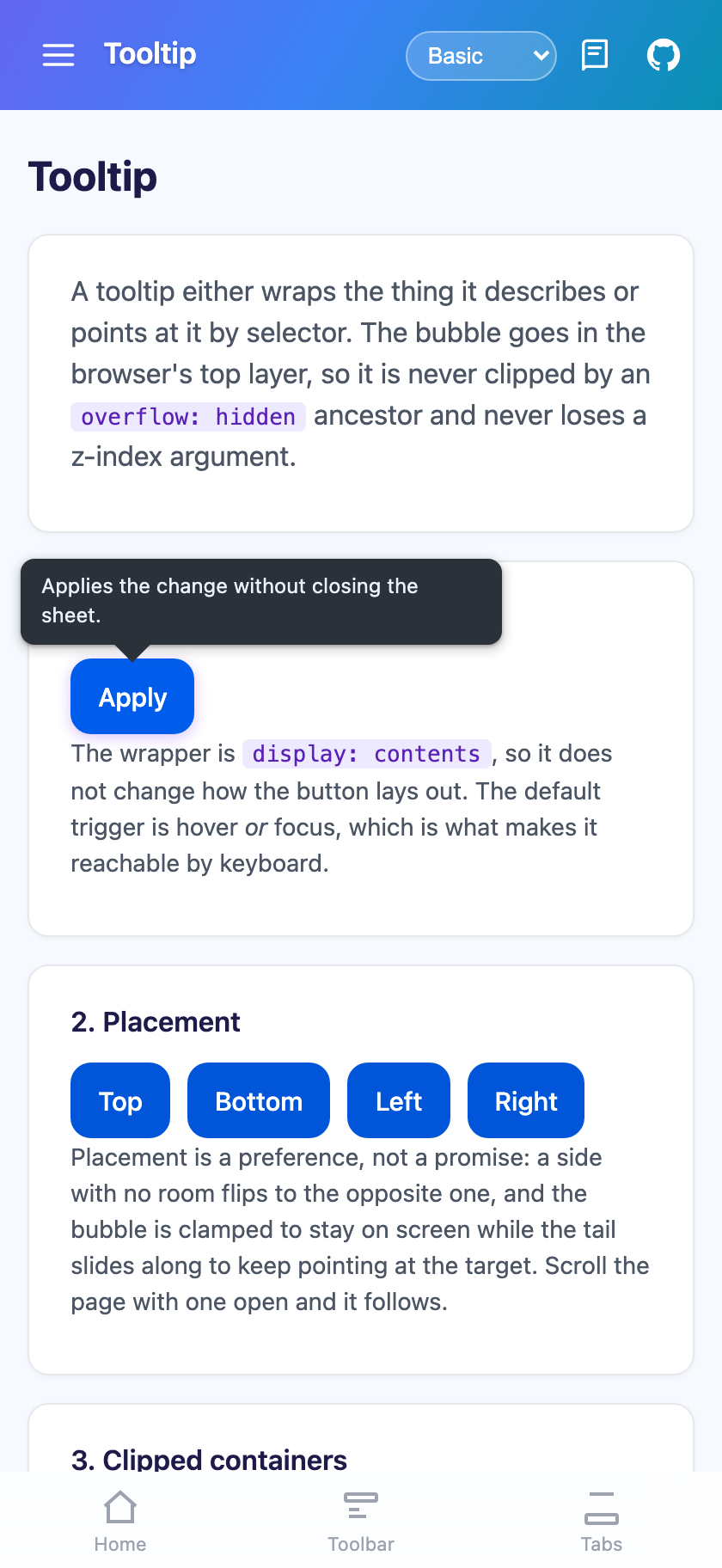 A tooltip above the button it wraps on Blazor