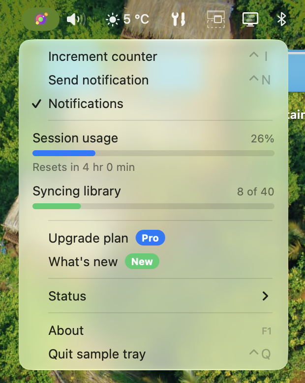 The sample tray menu on macOS: items with keyboard accelerators, a checked Notifications item, live Session usage and Syncing library progress rows, Pro and New pills, and a Status submenu