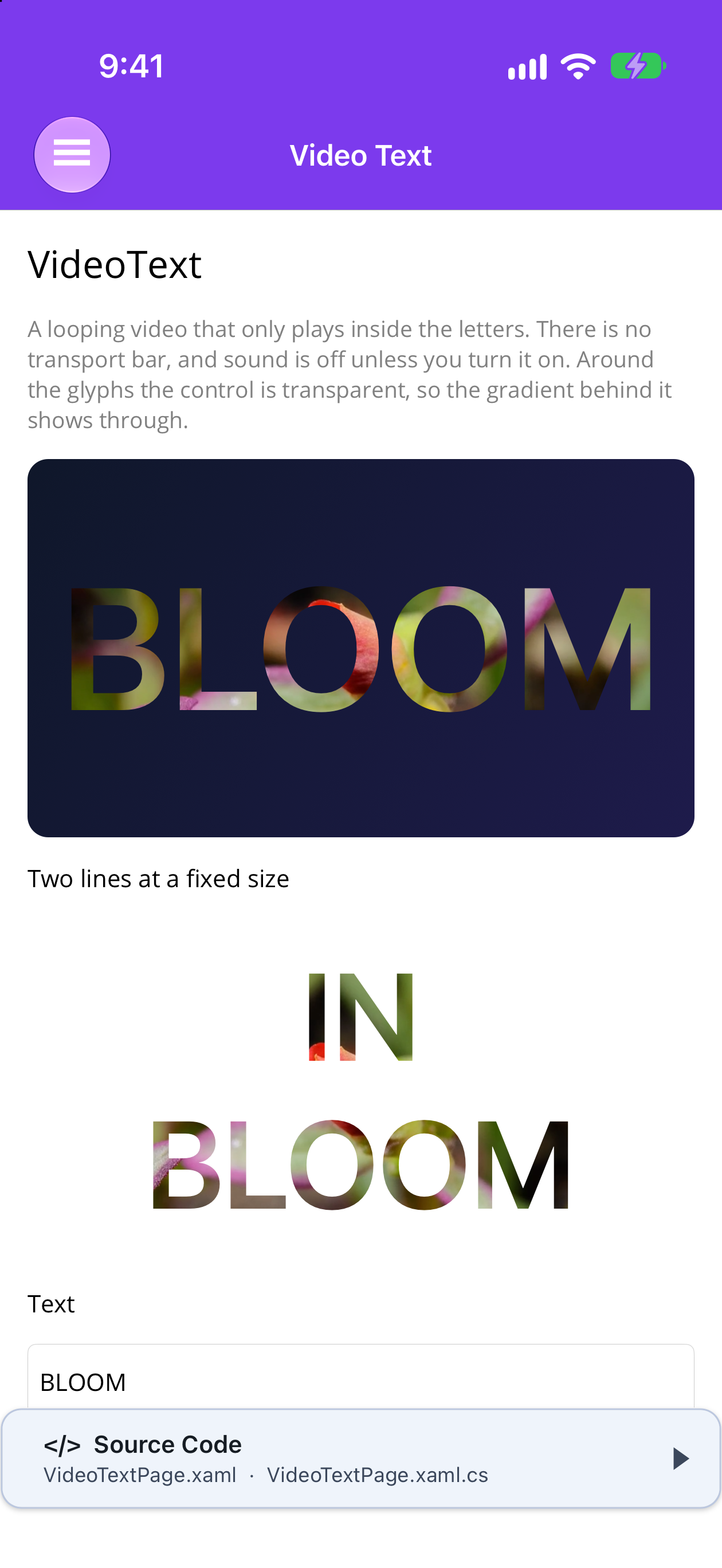 VideoText on iOS: BLOOM auto-fitted over a dark gradient, and IN BLOOM on two lines at a fixed size, both filled with a looping flower video