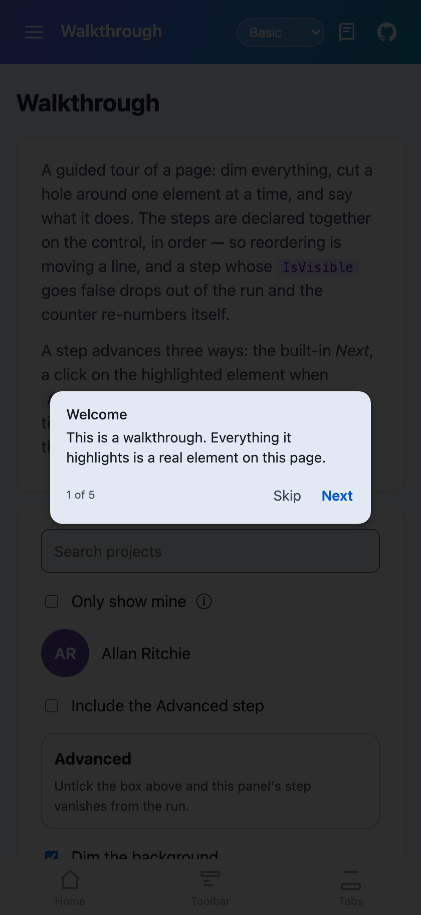 A centred welcome card over the dimmed page on Blazor