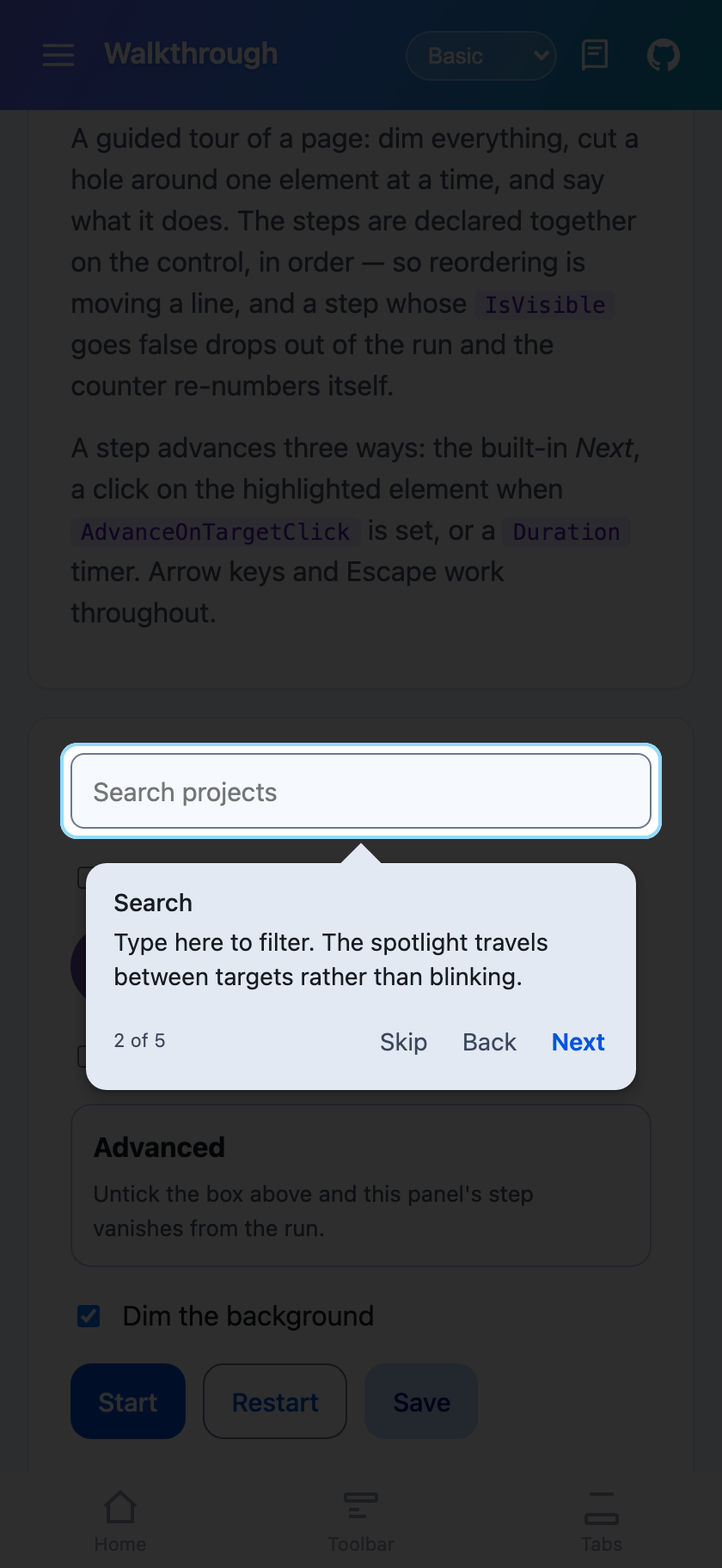 The spotlight around the search box with a popover below it on Blazor