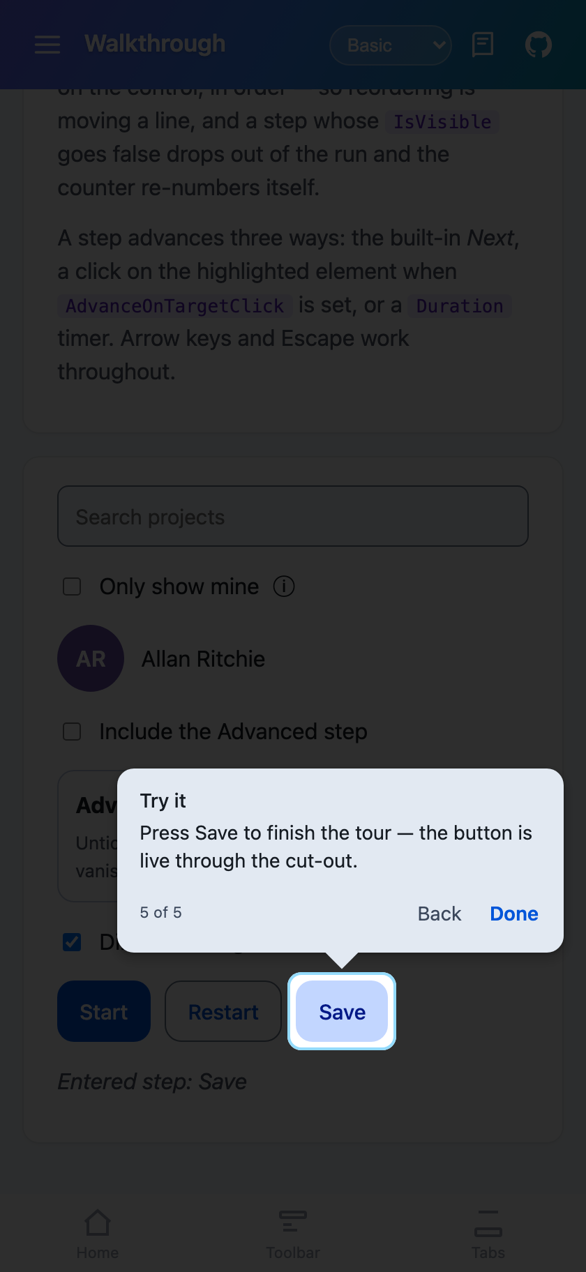 The Save button live through the cut-out on Blazor