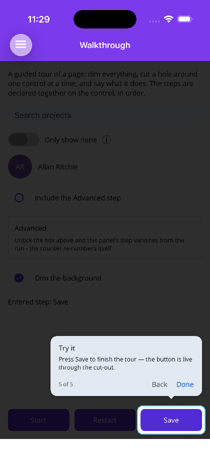 The Save button live through the cut-out on the final step
