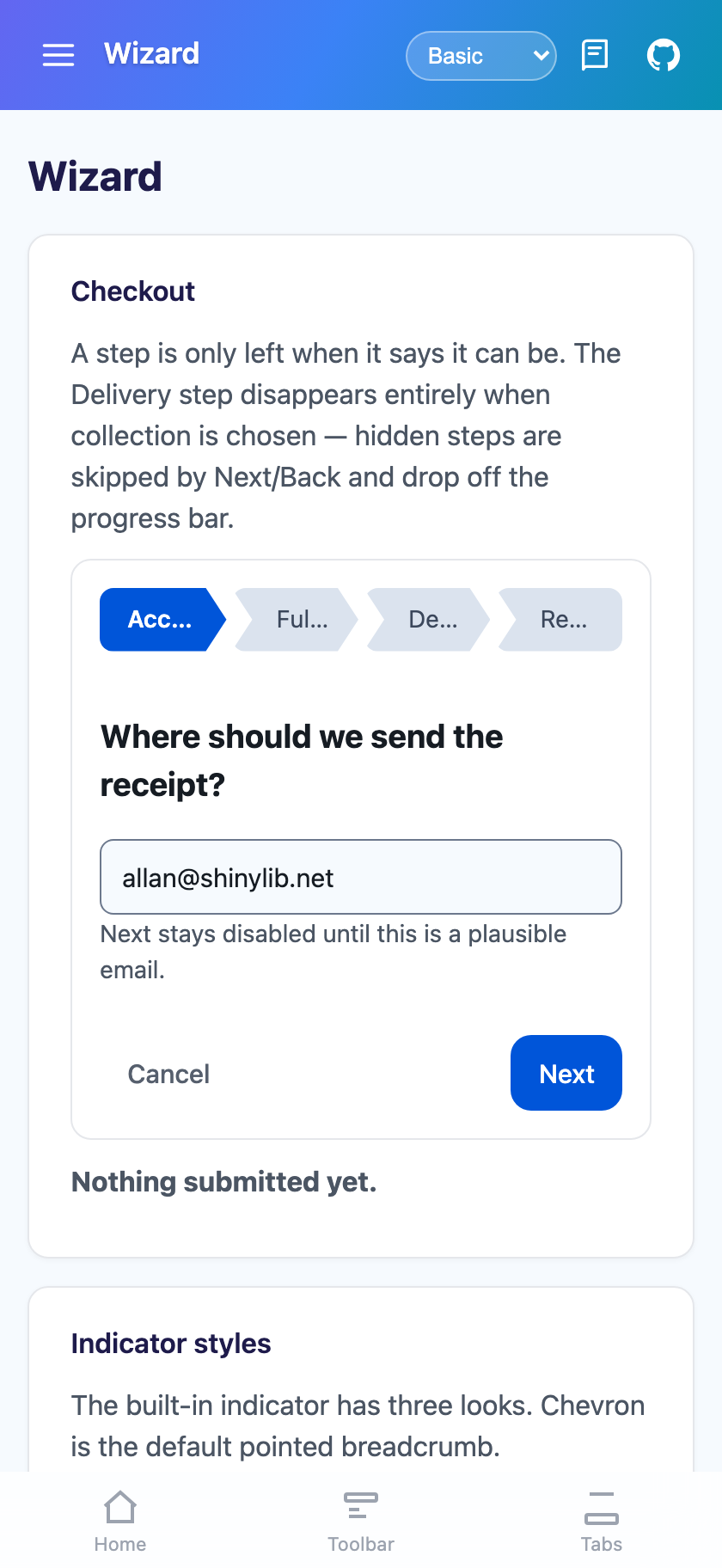 A valid email enabling Next on Blazor