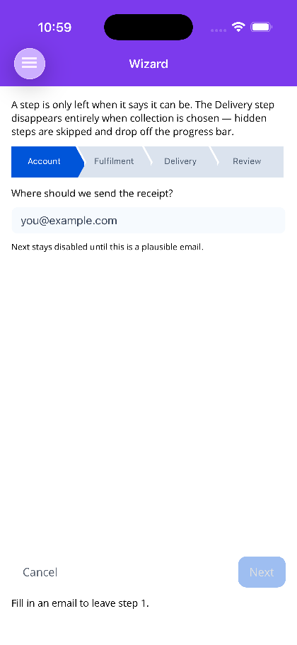 Step one with Next disabled until the email is plausible