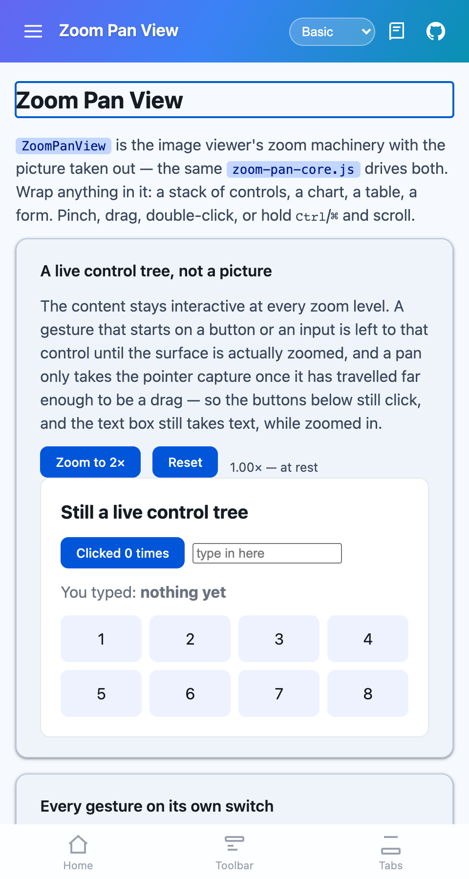 A ZoomPanView wrapping a live control tree in the browser